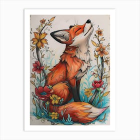 Amazing Red Fox With Flowers 5 Art Print