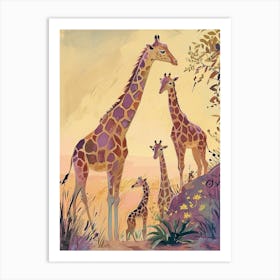 Giraffe Family Yellow & Lilac Watercolour Style Art Print