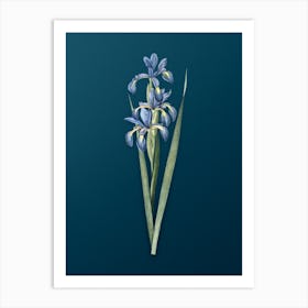 Vintage Blue Iris Botanical Art on Teal Blue n.0774 Art Print
