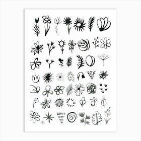 Botaniqa Black And White maximalist maximalism floral flowers many ink hand painted pattern kitchen canteen hotel Art Print