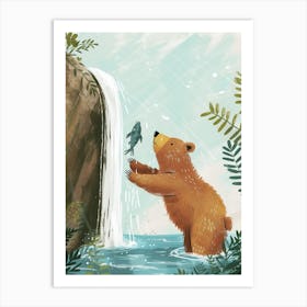 Brown Bear Catching Fish In A Waterfall Storybook Illustration 1 Art Print