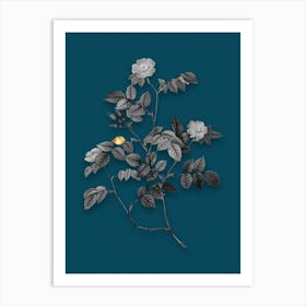 Vintage Sweetbriar Rose Black and White Gold Leaf Floral Art on Teal Blue n.0644 Art Print