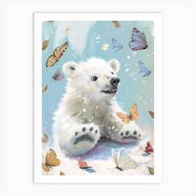 Polar Bear Cub Playing With Butterflies Storybook Illustration 2 Art Print