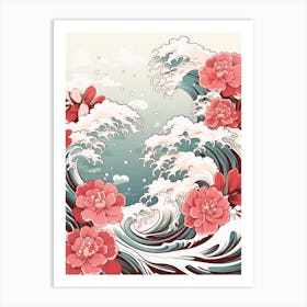 Great Wave With Rose Flower Drawing In The Style Of Ukiyo E 2 Art Print