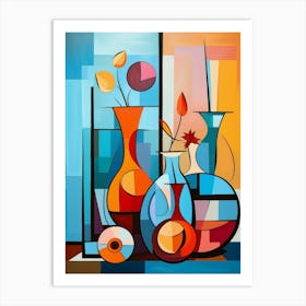 Still Life V, Avant Garde Abstract Vibrant Painting in Cubism Picasso Style Art Print