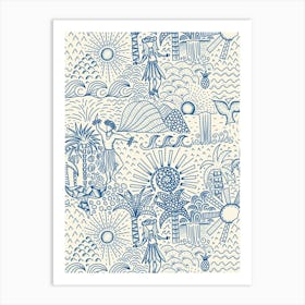 Hawaiian Toile Polynesian Hula Dance Tropical Landscape Navy Blue Cream White Art Print