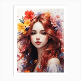 Beautiful Girl With Flowers Print  Art Print