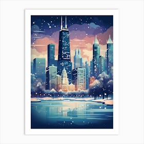 Winter Travel Night Illustration Chicago Usa 3 Art Print