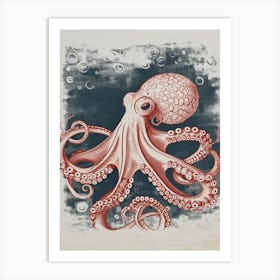 Detailed Red & Navy Linocut Octopus 3 Art Print