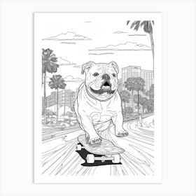 English Bulldog Dog Skateboarding Line Art 4 Art Print
