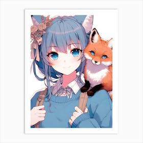 Pretty Anime Girl with Fox 16 Art Print