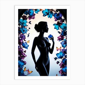 Silhouette of Naked Woman with Floral Frames #4 Art Print