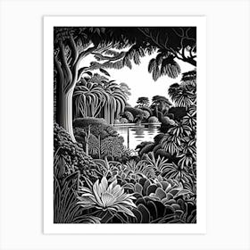 The Huntington Library, 1, Art Collections, And Botanical Gardens, Usa Linocut Black And White Vintage Art Print