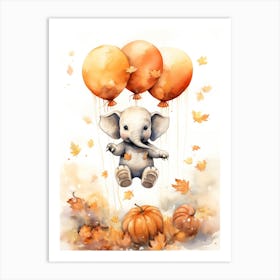 Elephant Flying With Autumn Fall Pumpkins And Balloons Watercolour Nursery 3 Art Print