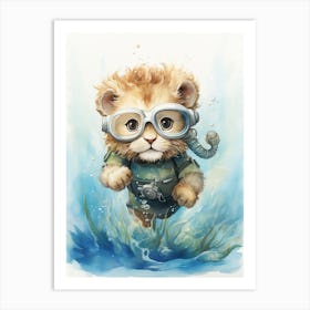 Scuba Diving Watercolour Lion Art Painting 4 Art Print