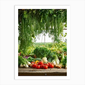 A Tranquil Domestic Garden Overflowing With Vibrant Vegetables Gleaming Tomatoes Peep From The Le (3) Art Print