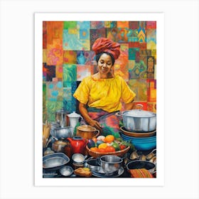 Afro Cooking Pencil Drawing Patchwork 4 Art Print