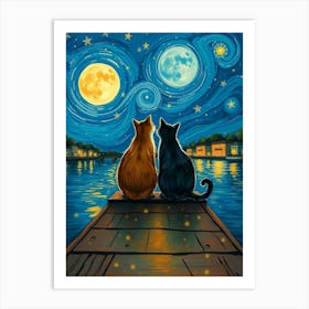 Starry Night With Cats Art Print