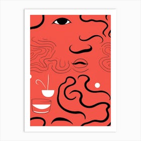 Red Abstract Face Line Drawing 2 Art Print