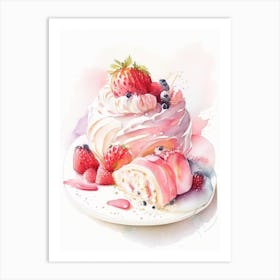 Strawberry Pavlova, Dessert, Food Pastel Watercolour Art Print