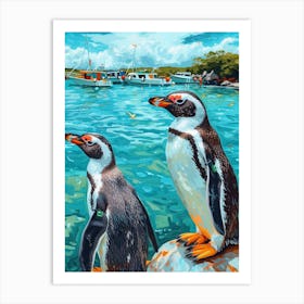 Galapagos Penguin Paradise Harbor Colour Block Painting 1 Art Print