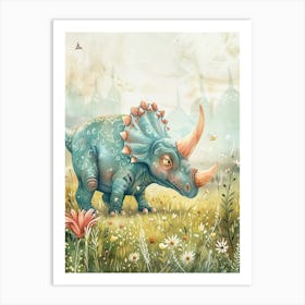 Cute Pattern Triceratops In The Meadow Watercolour Painting 2 Art Print