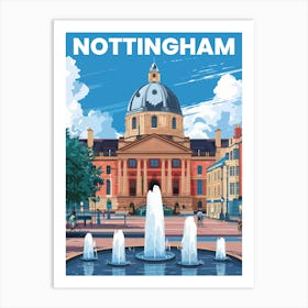 Anime Canvas Art: Nottingham Cityscape Featuring the Council House, Reflective Fountains, and Bright Blue Sky, Perfect for Lofi Aesthetic and Urban Decor Fans. Art Print