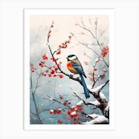 Lone Bird Perching On Snowy Branches 4 Art Print