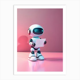 White Robot With Blue Eyes Standing And Holding A Document Against A Pink Background Art Print