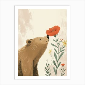 Sloth Bear Sniffing A Flower Storybook Illustration 3 Art Print