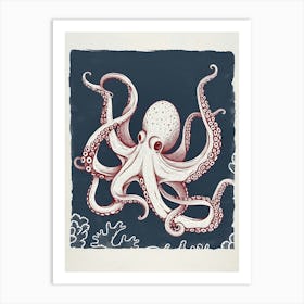 Linocut Inspired Red Octopus With The Coral 1 Art Print