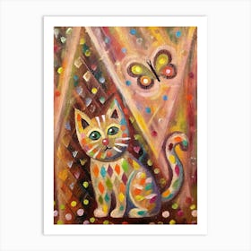 Colorful Cat With Butterfly Affiche