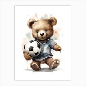 Teddy Bear Painting Watercolour Playing Football Soccer 2 Art Print