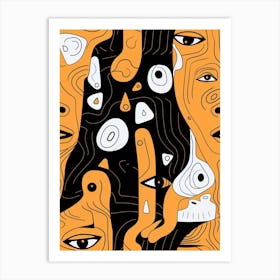 Black & Mustard Abstract Face Line Illustration Art Print