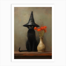 Black Cat In Witch Hat Art Print