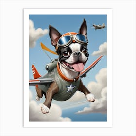Boston Terrier Flying Airplane-Reimagined Art Print