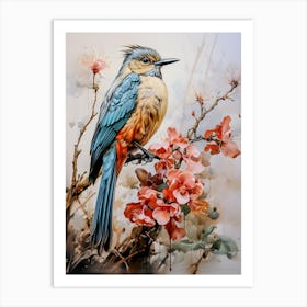 Graceful Perch: Songbird and Blossoming Flowers | Fine Art Print Affiche