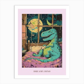 Dinosaur Snoozing In Bed At Night Abstract Illustration 1 Poster Art Print