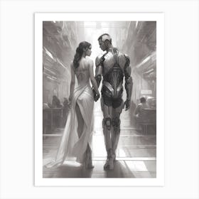 Human And Cyborg Lovers Holding Hands Art Print