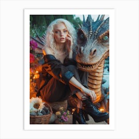 Young Woman With A Dragon Art Print