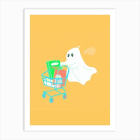 Cute Ghost At The Supermarket Pushing A Cart Art Print