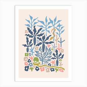 SNAKE IN THE GRASS-3 Tropical Floral Botanical with Jungle Palm Trees and Flowers in Pastel Pink Blue Green and Gray Art Print