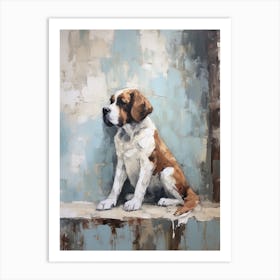 Saint Bernard Dog, Painting In Light Teal And Brown 2 Art Print