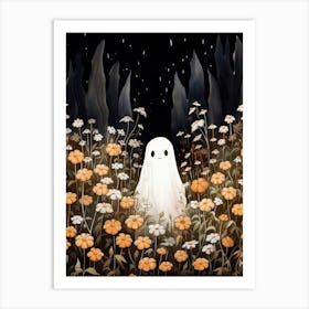 Cute Bedsheet Ghost, Botanical Halloween Watercolour 80 Art Print