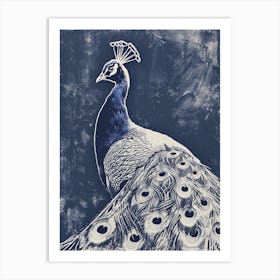 Blue Linocut Inspired Peacock Art Print