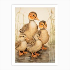 Sweet Ducklings Japanese Woodblock Style 5 Art Print