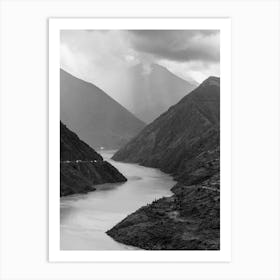 River In The Mountains, Black And White Art Print