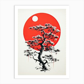 Bonsai Tree and Red Full Moon Vintage Art Print