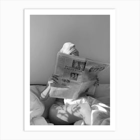 Woman Reading Newspaper In Bed Art Print