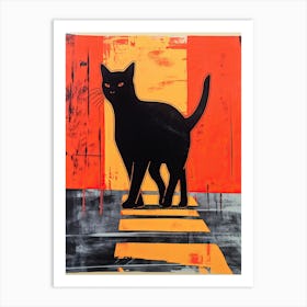 Black Cat, Woodblock Animal  Drawing 6 Art Print